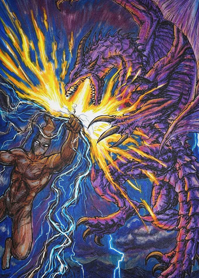 Dragon Lightning Fight Fantasy Art