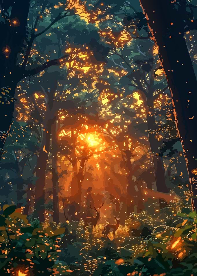Golden Sunset Forest with Deer