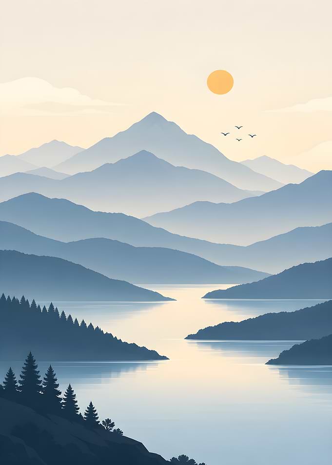 Minimalist Mountain Lake Landscape