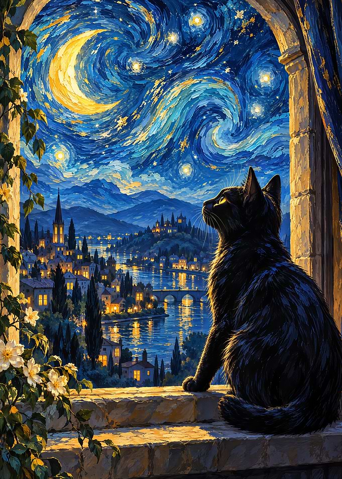 Black Cat Watching Starry Night