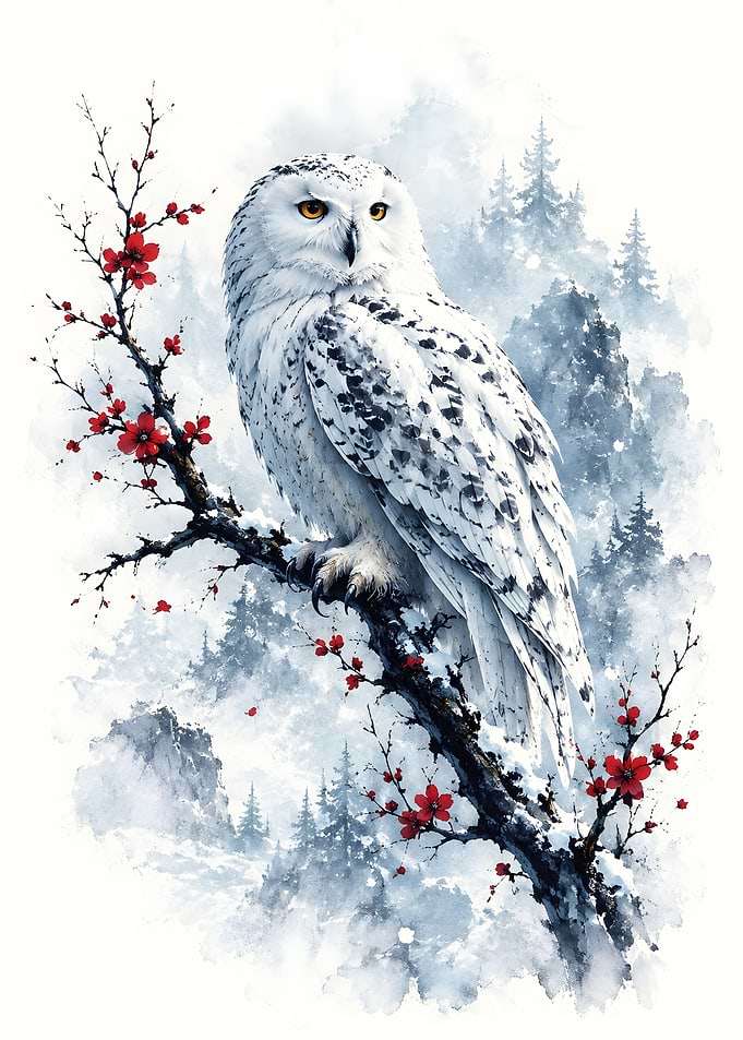 Snowy Owl on Red Blossom Branch
