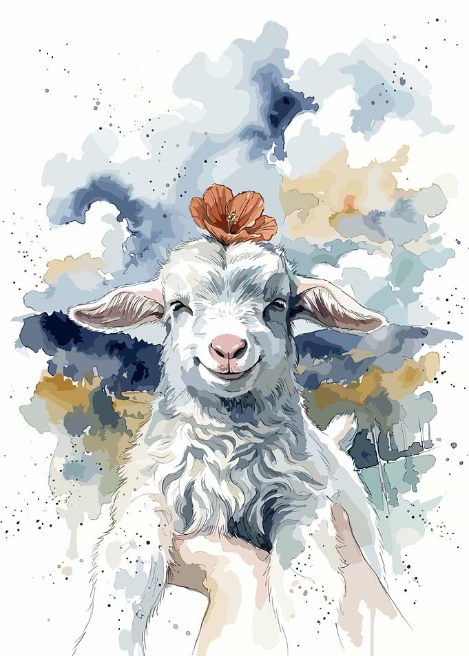 Cute Goat with Flower Watercolor Illustration