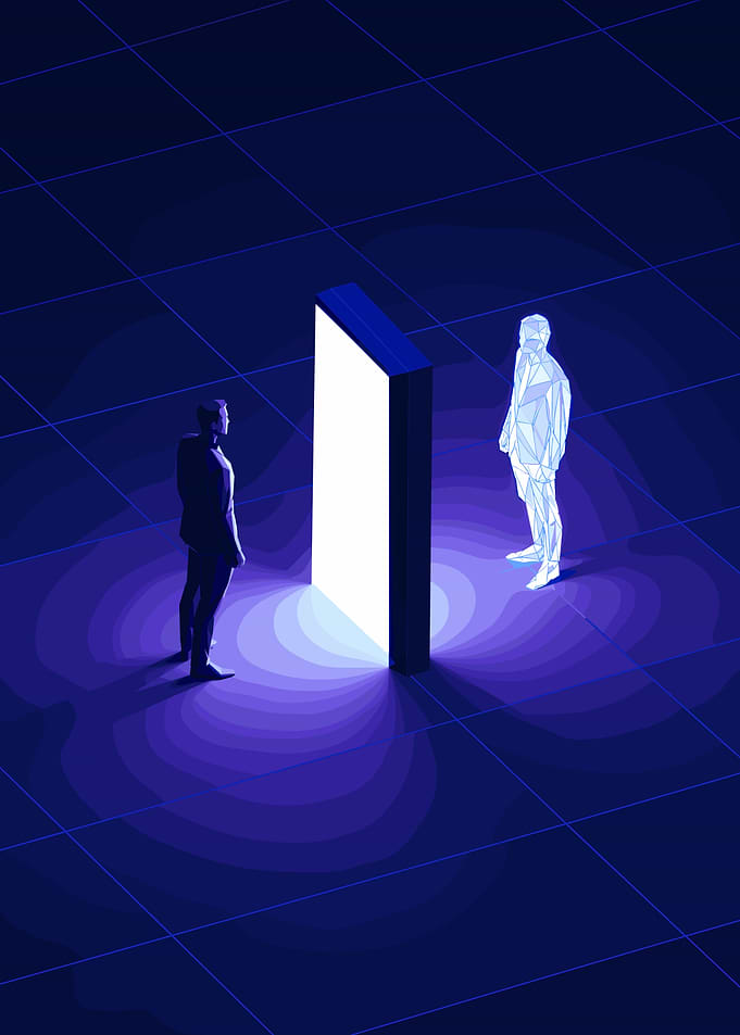 Man Facing Digital Holographic Reflection