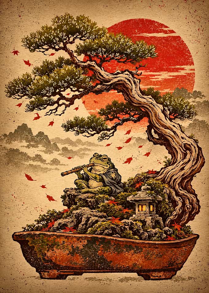 Frog Playing Flute Under Bonsai Tree