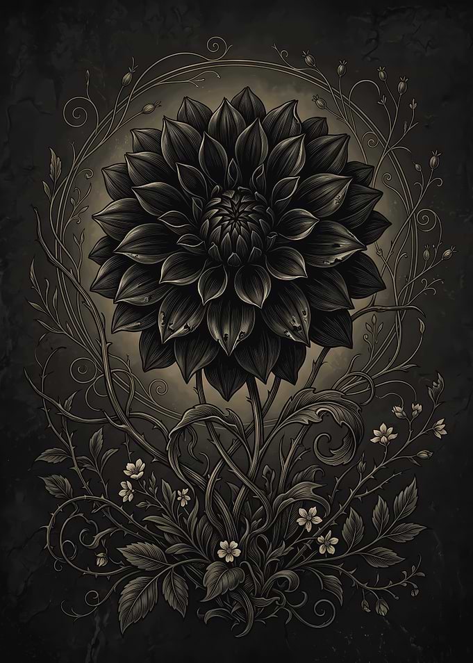 Dark Gothic Dahlia Floral Illustration