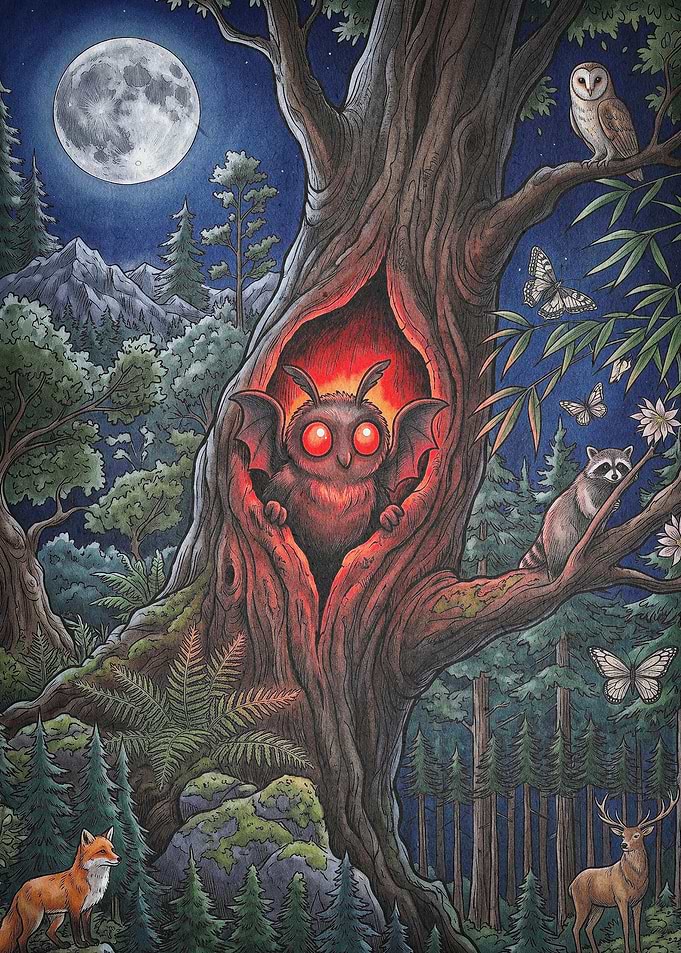 Mothman Cryptid Forest Night Art
