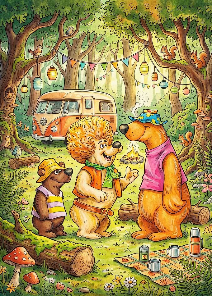 Forest Camping Animals Cartoon Post