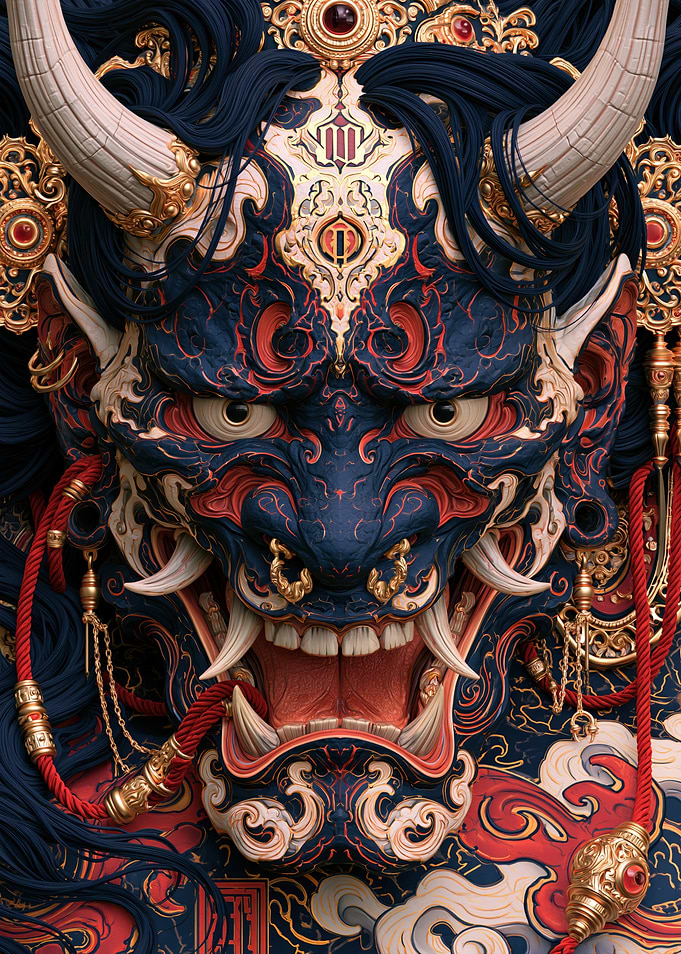 Intricate Japanese Oni Demon Mask