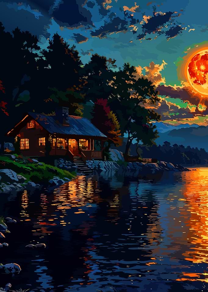 Cozy Cabin by the Moonlit Lake