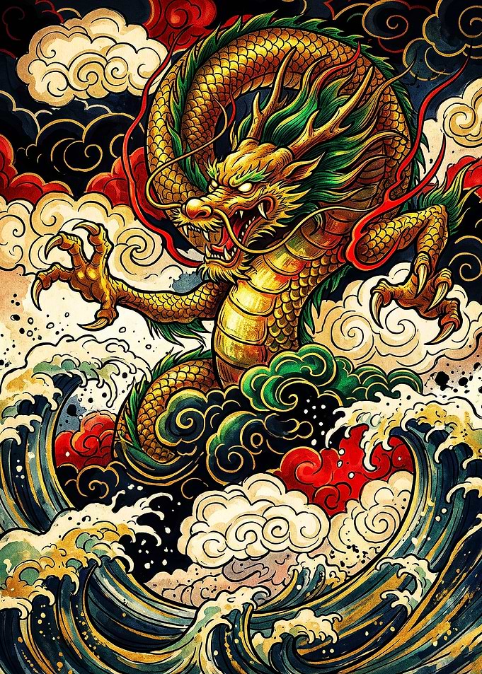 Golden Dragon Rising from Ocean Waves
