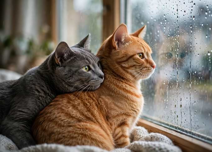 Two Cats Cuddling by Rainy Window
