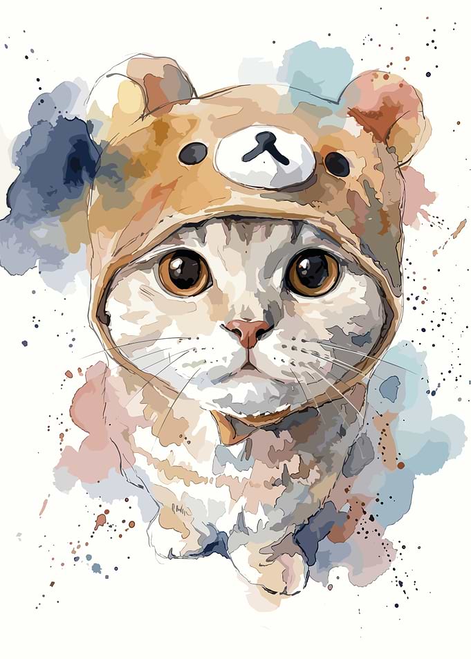 Watercolor Cat Wearing Bear Hat