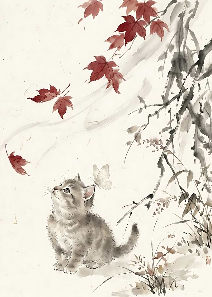 Kitten and Butterfly Ink Wash Painting