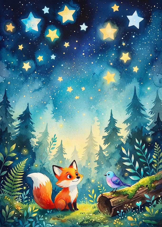 Fox Starry Night Cute Watercolor Ar