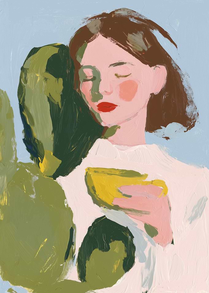 Woman with Coffee and Cactus - Modern Portrait