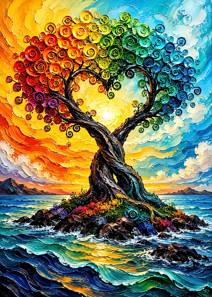 Vibrant Heart-Shaped Rainbow Tree Painting