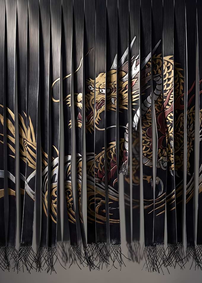 Golden Dragon Through Black Metal Strips