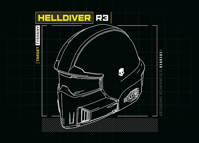 Helldivers II - R3 Helmet Schematic, White Line Blueprint
