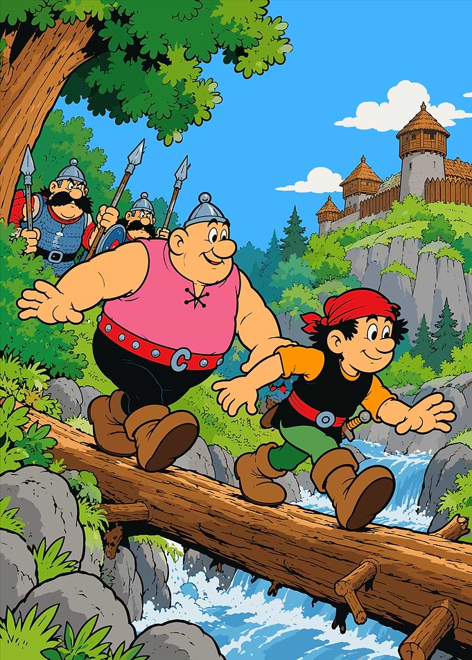 Kajko and Kokosz Crossing a Log