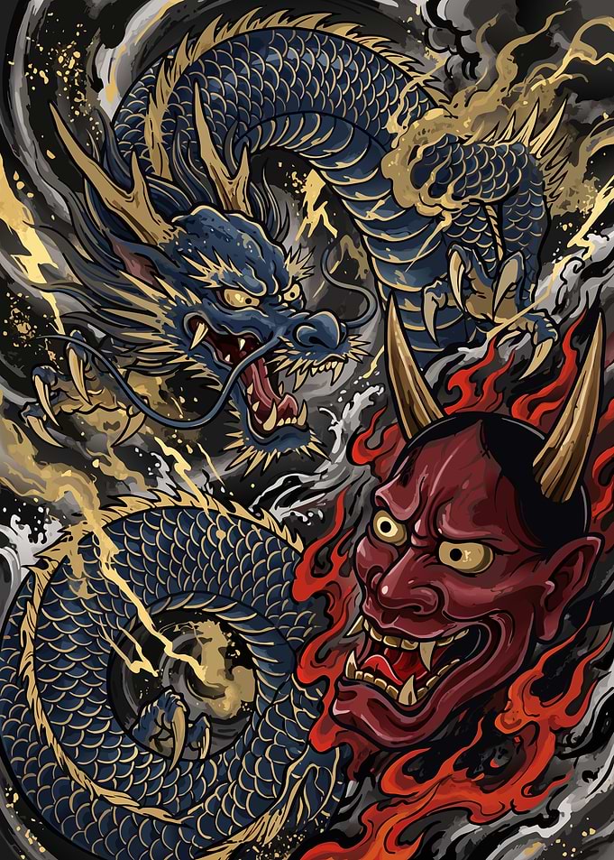 Japanese Dragon and Oni Mask Illustration
