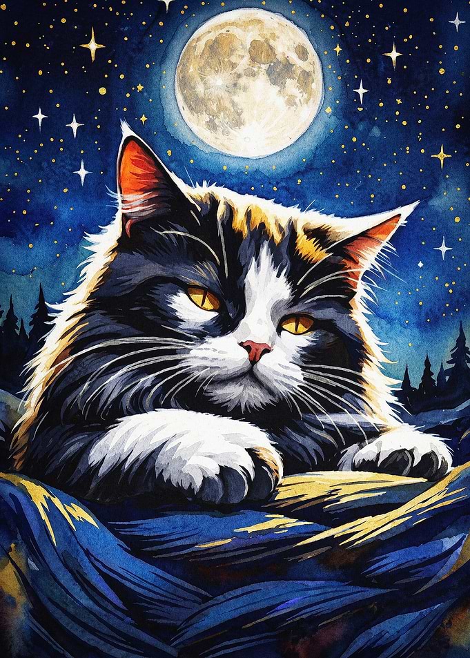 Cat Moon Starry Night Watercolor
