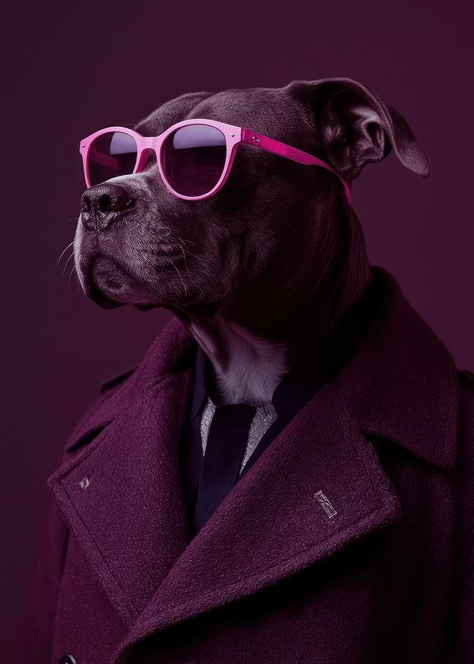 Stylish Black Pit Bull Dog Wearing Pink Sunglasses and Dark Coat