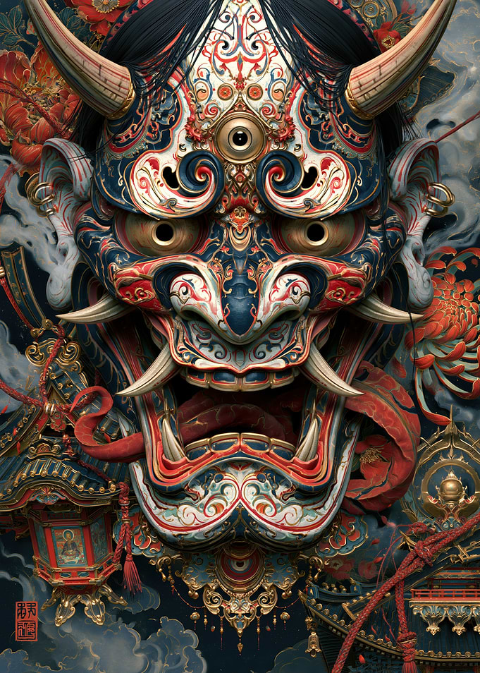 Intricate Japanese Oni Mask Illustration