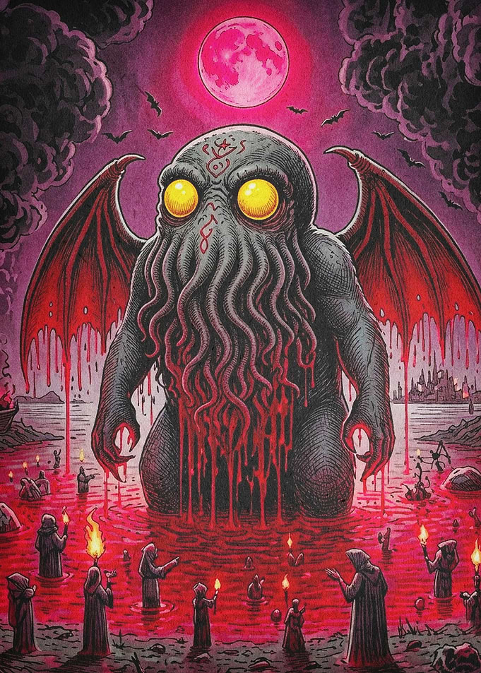 Cthulhu Red Moon Horror Art Poster