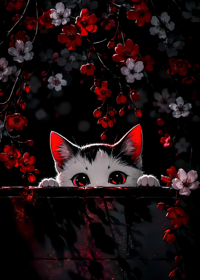 Cute Cat Peeking Through Cherry Blossoms