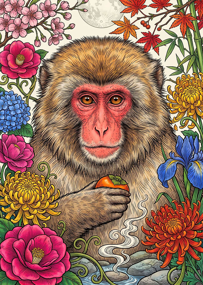 Japanese Macaque with Seasonal Flowers