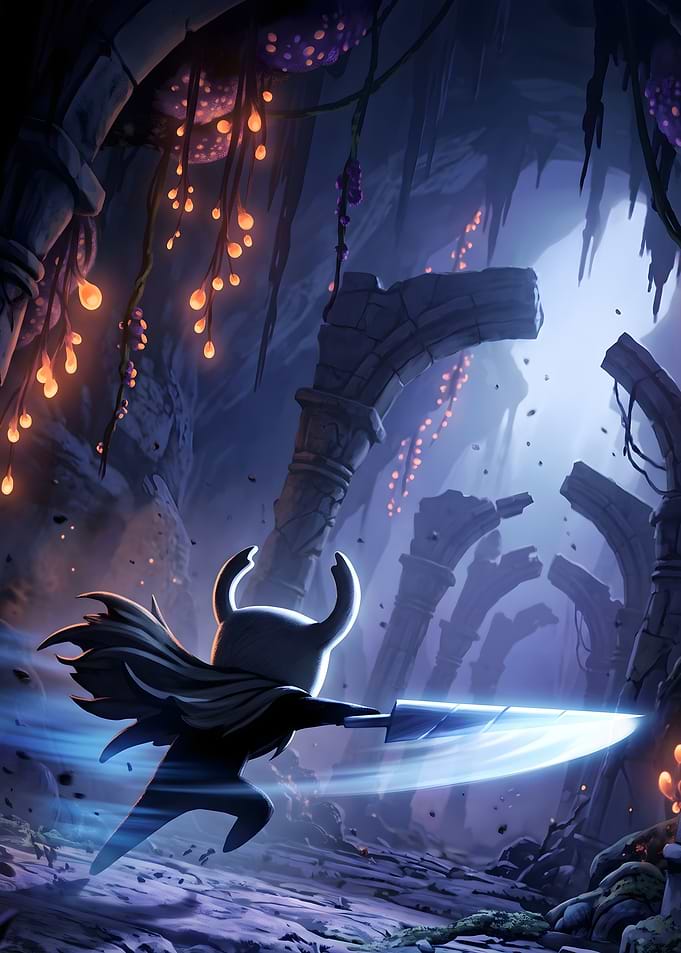 The Knight Attacking in Hollow Knight