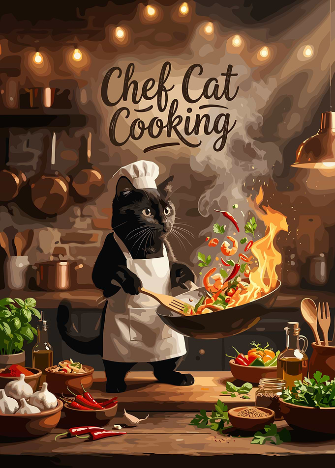 Chef Cat Cooking Stir Fry