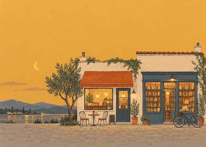 Cozy Seaside Bookstore at Sunset