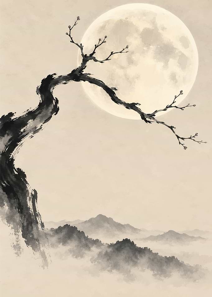 Ink Wash Painting of Moonlit Tree