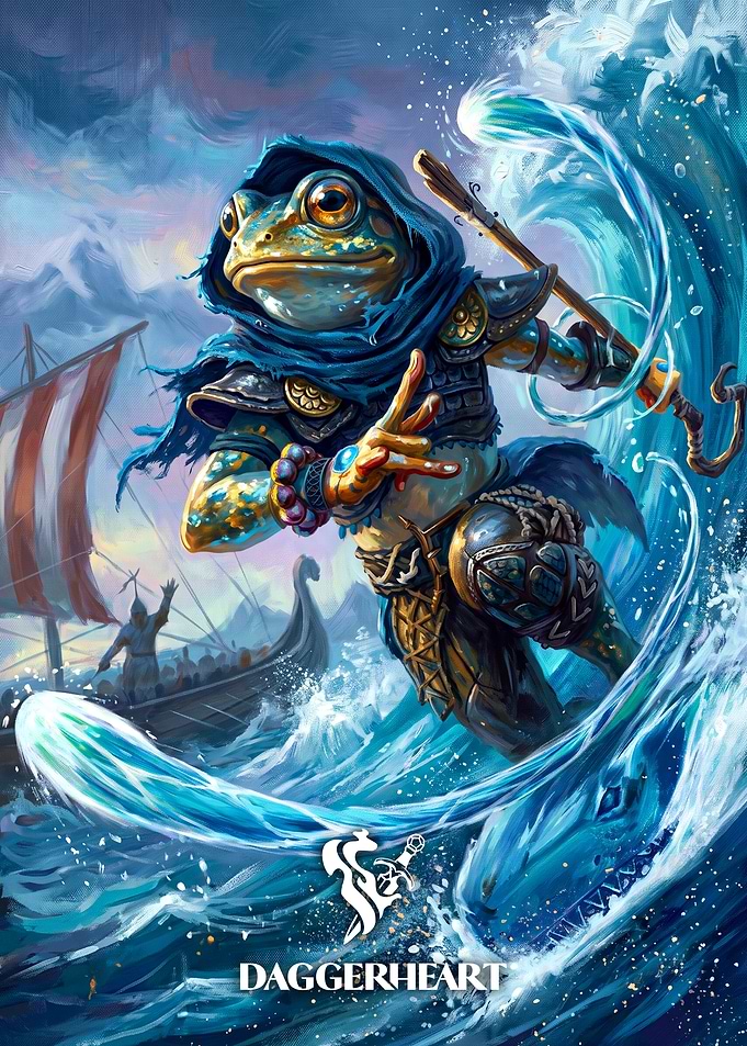 Daggerheart Frog Warrior Riding Wave