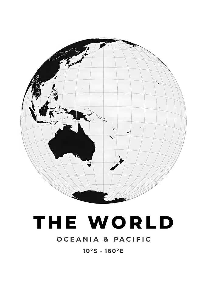 Oceania And Pacific Globe Black And White World Map Print