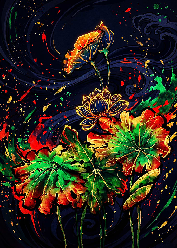 Vibrant Neon Lotus Flower Art