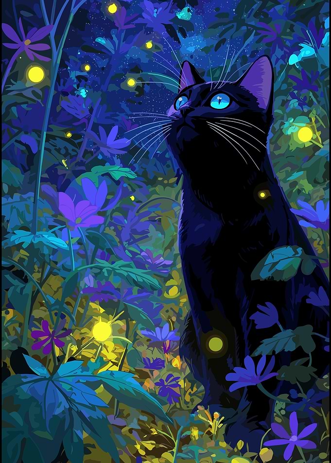 Black Cat in Firefly Garden
