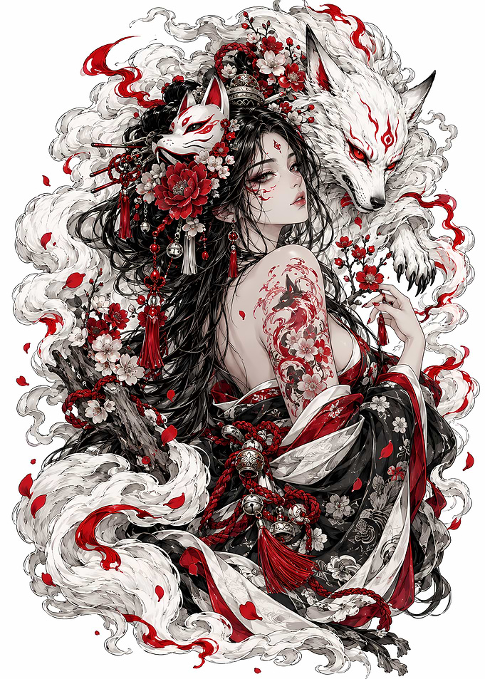 Kitsune Spirit Maiden with Fox Guardian