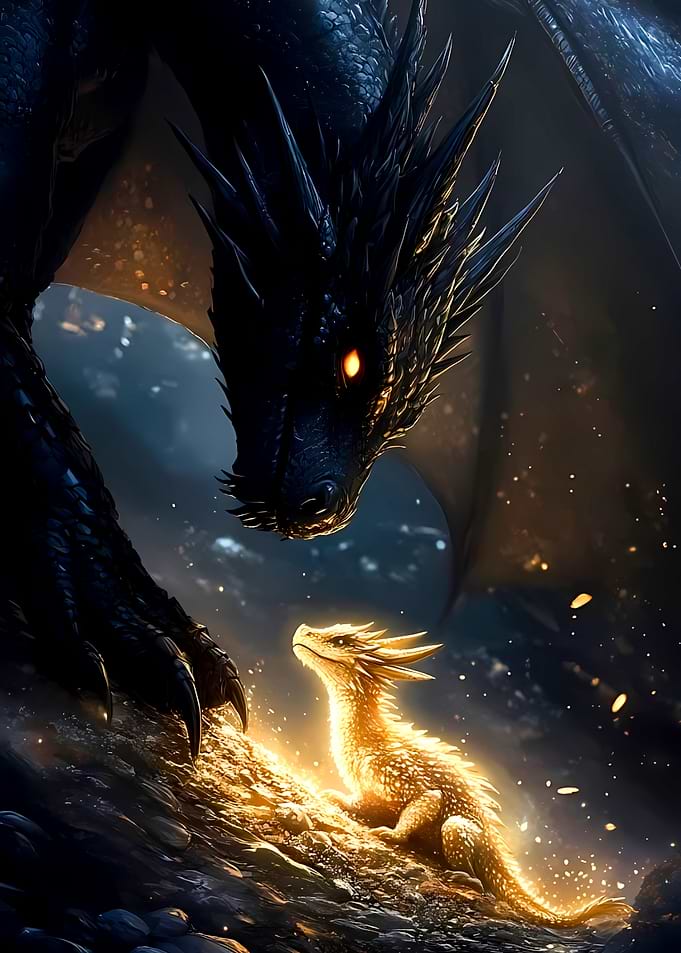 Dark Dragon Meeting Golden Hatchling