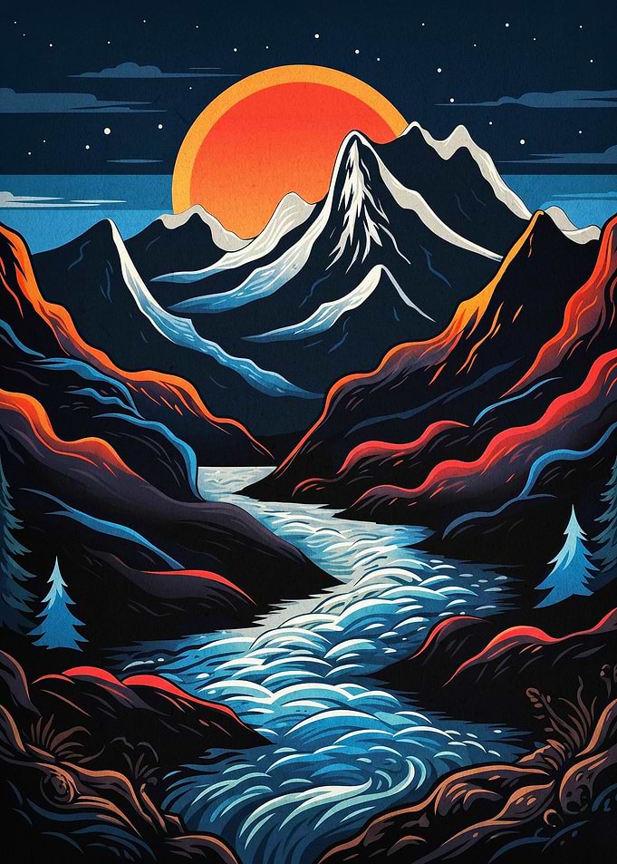 Mountain River Night Retro Art Post