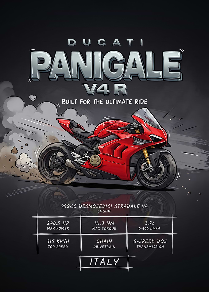A stylized digital illustration caricature V4 R motorcycle Poster