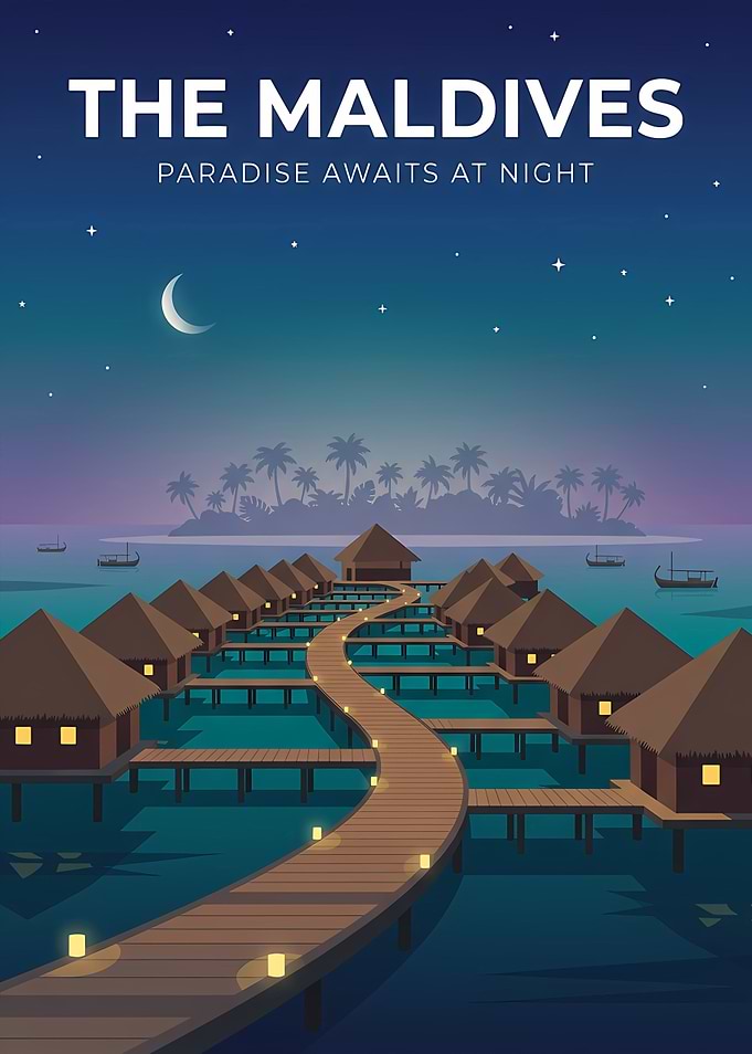 The Maldives Night Travel Poster