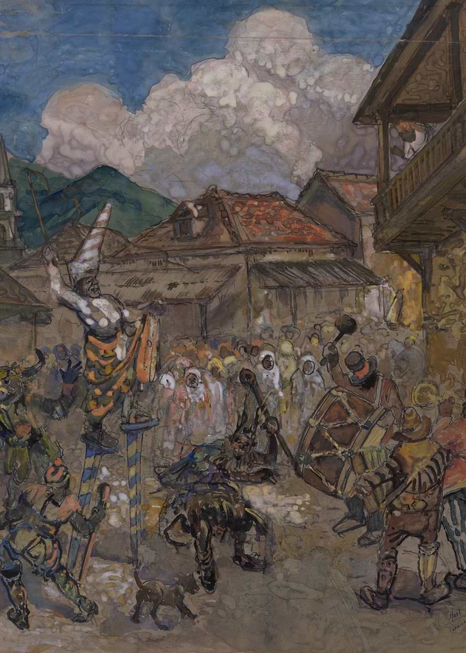 Carnival Scene with Stilt Walker