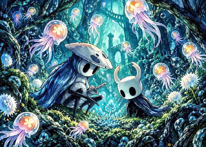 Hollow Knight and Quirrel in Fog Canyon