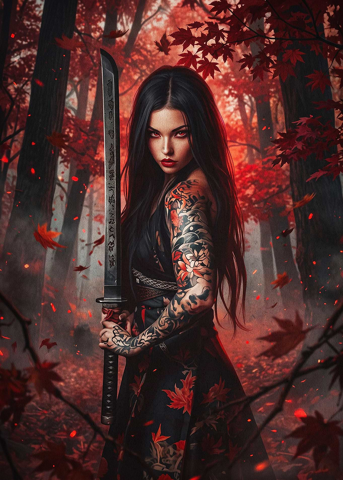 Samurai Girl Katana Forest Art