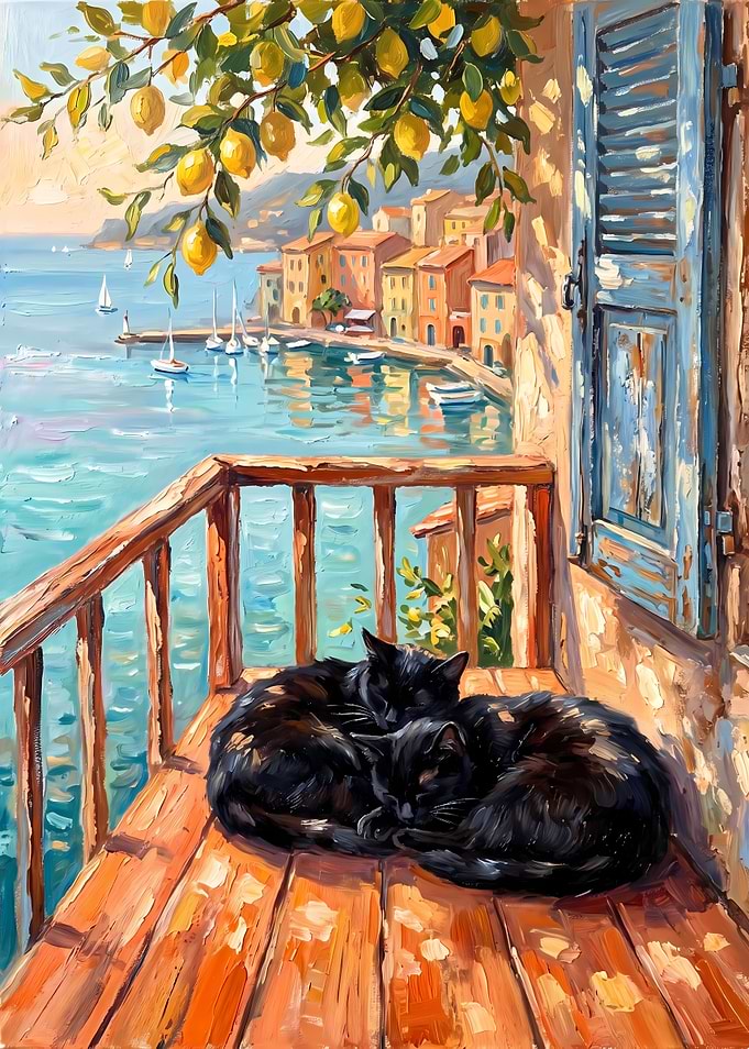 Two Black Cats on Mediterranean Balcony