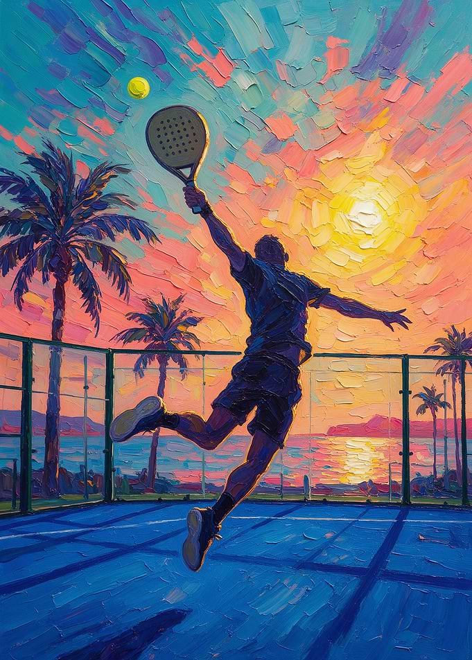 Padel Player Jumping at Sunset
