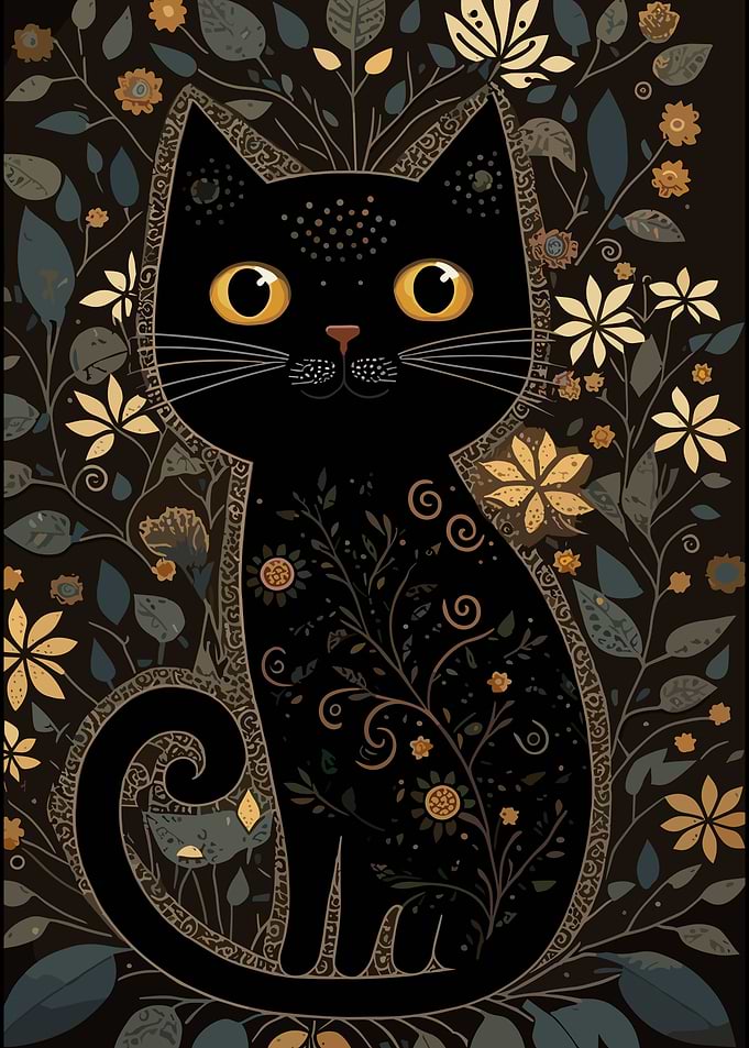 Black Cat Floral Illustration