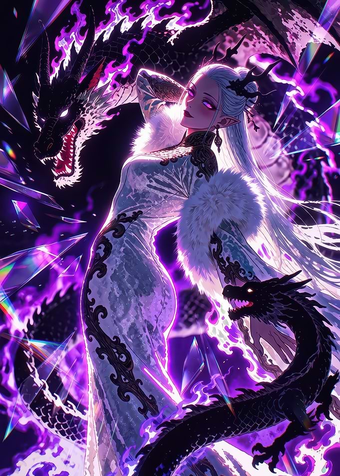 Elegant Elf Queen with Purple Dragons
